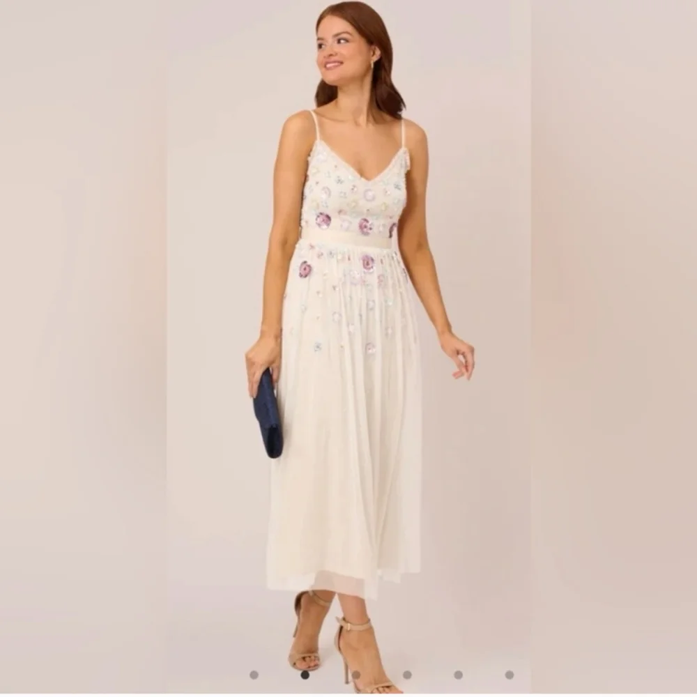 Adrianna Papell Women's Embellished Ruffled V-Neck Gown Dress Size 16 - Picture 1 of 10